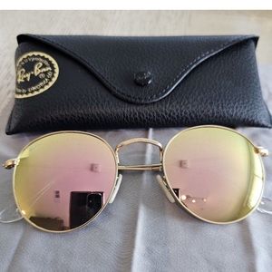 Ray-Ban rb 3447 001 gold round 50-21 metal frame, pink mirror lens sunglasses